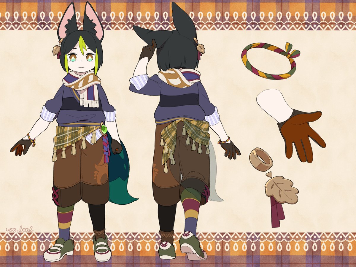 1boy animal ears male focus gloves tail fox ears green hair  illustration images