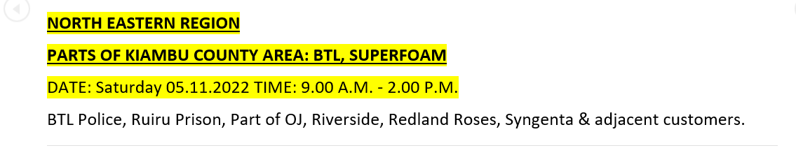 Good morning. Please receive areas that will be affected by scheduled power interruptions to carry out network maintenance today 05.11.22.^RM