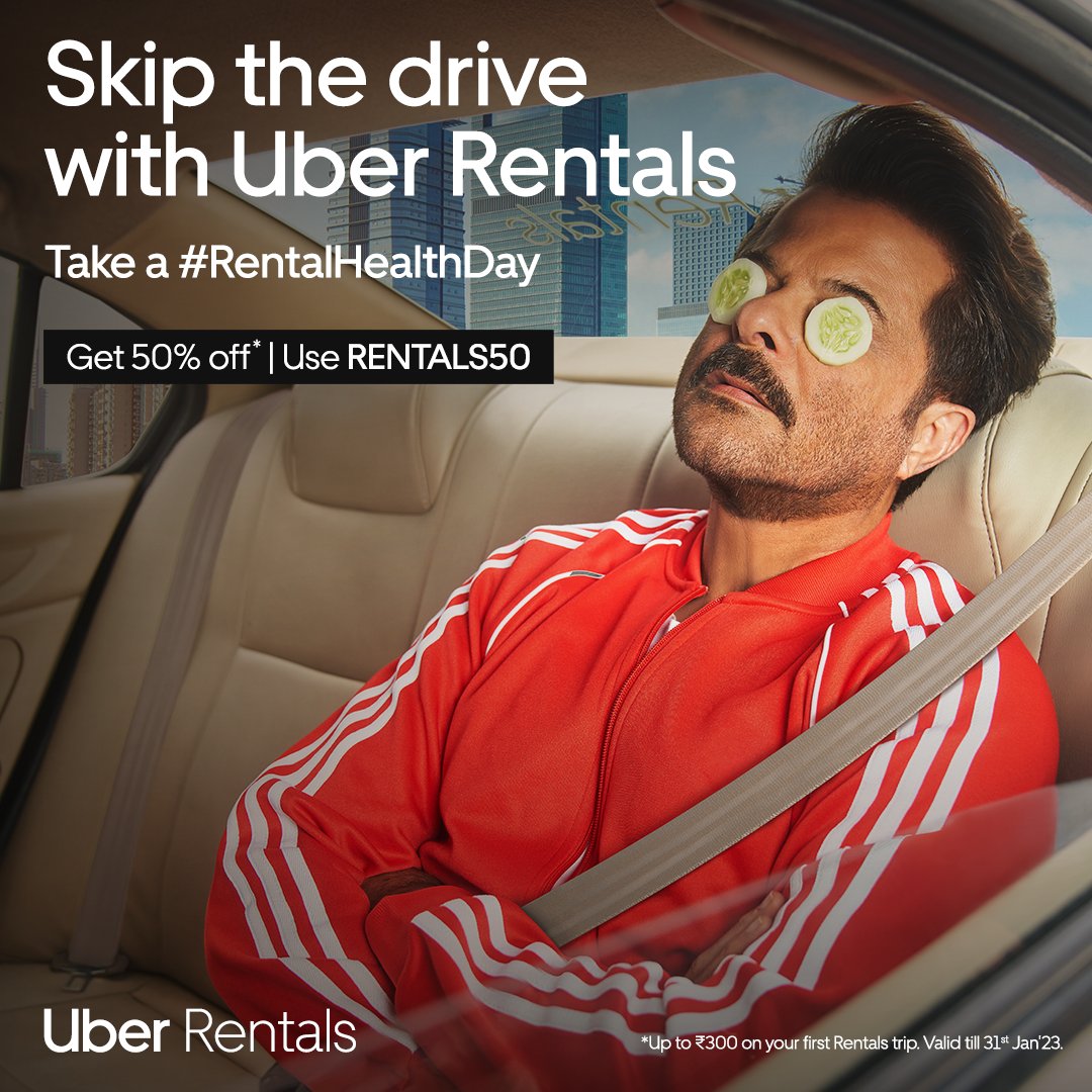 Want to feel on 'Top Of The World'? This is your sign to take a #RentalHealthDay with #UberRentals. 
Use RENTALS50 to get 50% off up to ₹300 on your first Rentals trip. Valid till 31st Jan'23 #RentalHealthDay