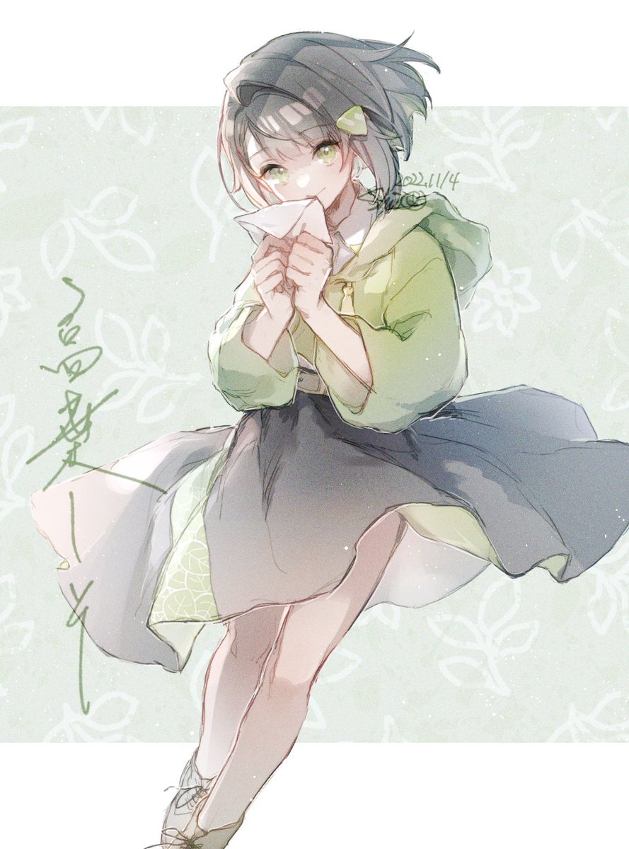 1girl solo skirt holding green eyes black skirt hood  illustration images