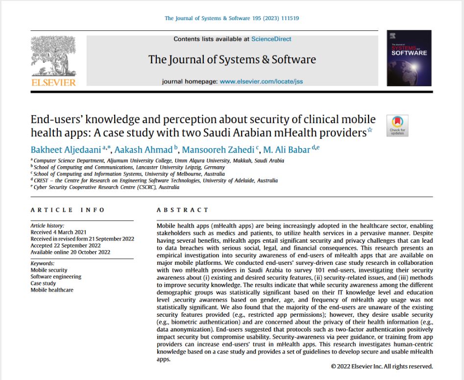 Bakheet Aljedaani, PhD (@mr_aljedaani) on Twitter photo Glad to share our paper "end-users #security knowledge and perception of #mHealth apps". I appreciate the efforts from my co-authors <a href="/AhmadAakash/">A</a> <a href="/MansoorehZ/">Mansooreh Zahedi</a> <a href="/alibabar/">Ali Babar</a> and the efforts from <a href="/aserebrenik/">Alexander Serebrenik</a> in handling our paper. @crest_uofa . Available at authors.elsevier.com/a/1g1ZzbKHp8pKd Glad to share our paper "end-users #security knowledge and perception of #mHealth apps". I appreciate the efforts from my co-authors <a href="/AhmadAakash/">A</a> <a href="/MansoorehZ/">Mansooreh Zahedi</a> <a href="/alibabar/">Ali Babar</a> and the efforts from <a href="/aserebrenik/">Alexander Serebrenik</a> in handling our paper. @crest_uofa . Available at authors.elsevier.com/a/1g1ZzbKHp8pKd