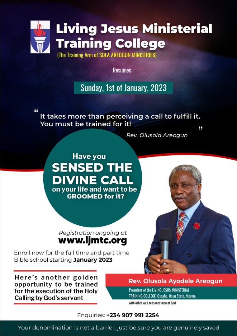 ReverendAreogun's tweet image. (3/3)
Register today for ministerial training at ljmtc.org 
or visit our office at the 
Living Jesus Ministerial Training College, Osogbo, Osun State Nigeria.

For enquires, please call +2349079912254 or send SMS to +2348037252124

#ministry #HolyCalling
