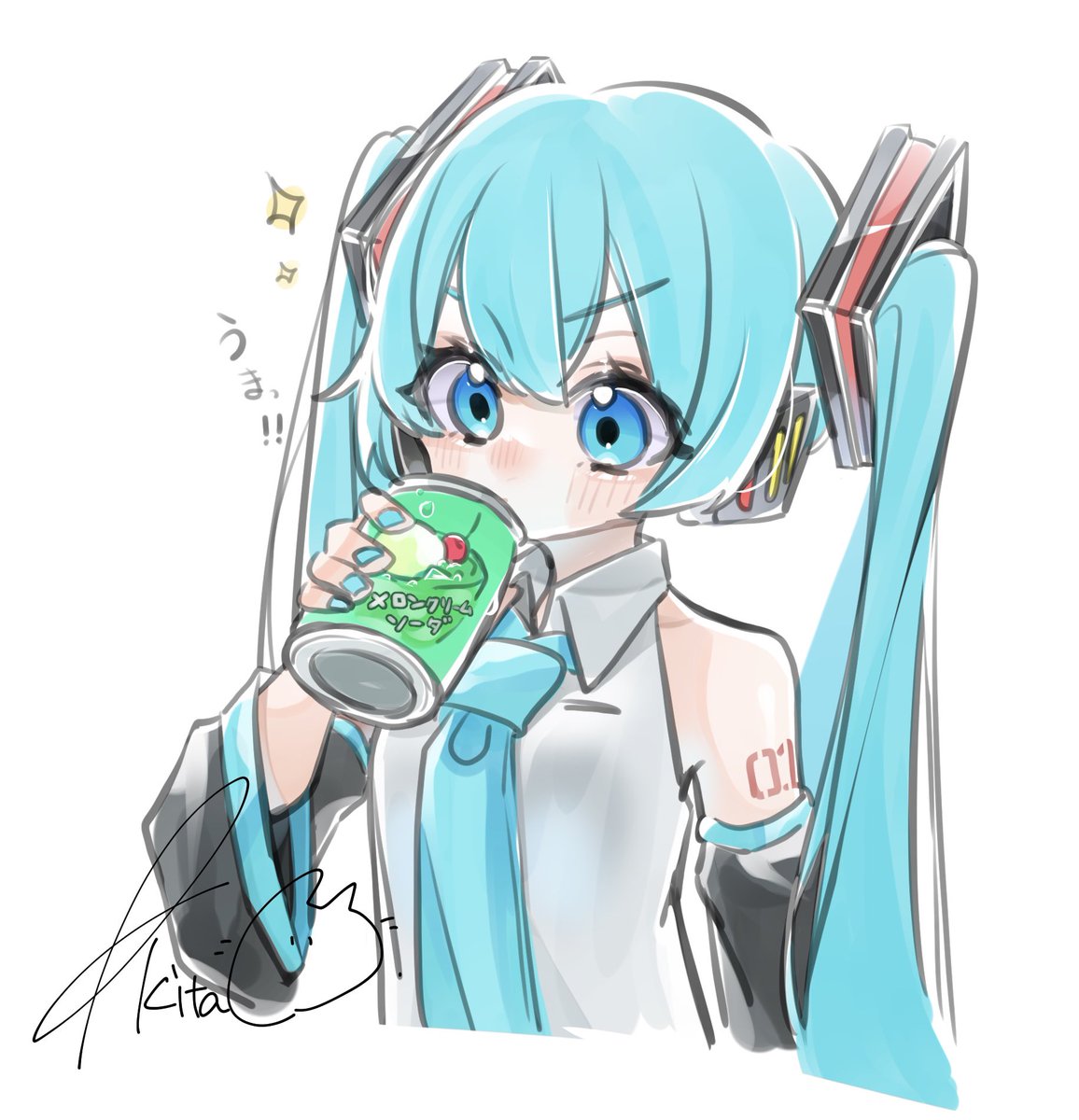 初音ミク「メロンソーダを飲むミクさん#初音ミク 」|猫間 ｱｷ🐈🐾のイラスト