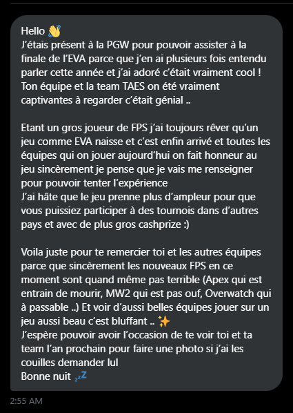 WIRE_FPS's tweet photo. Ce genre de message😍

Bravo @EVAgg_FR🔥 https://t.co/OdJCEsSCPX