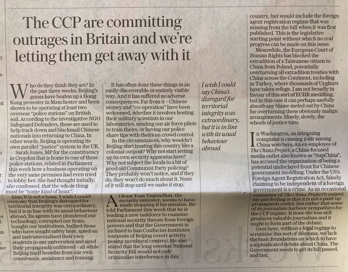 <a href="/CitySamuel/">Juliet Samuel</a> rightly says a protestor beaten up outside a CCP Consulate &amp; at least 2 overseas“police stations”in UK is intolerable. Next month Tower Hamlets Council should support Uyghurs,HK &amp; residents &amp; decline an application for a mega CCP embassy in the Royal Mint. Telegraph: