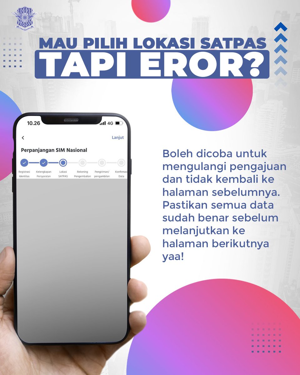 Halo, Sobat Digital Korlantas!

Sering kesusahan buat pilih area satpas? Coba deh lakuin arahan di atas buat bantu kamu atasin eror saat pemilihan lokasi satpas!

Semoga membatu☺️

#DigitalKorlantas
#SIMOnline