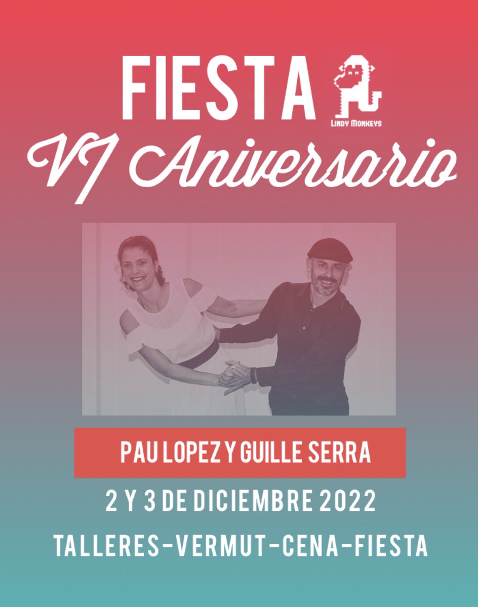 lindymonkeys's tweet photo. ¡Queremos compartir con vosotros una celebración muy especial: cumplimos 6 años en #LindyMonkeys y lo festejaremos como merece! Fiestas, talleres, vermut, comida y más
Nos acompañarán Pau López y Guille Serra

INSCRIPCIONES AQUí: https://t.co/XVqX6xFsrB

#Swing #lindyhop https://t.co/xtaXEsTTEt