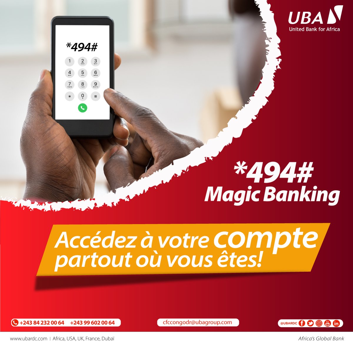 UBARDC's tweet photo. Le Week-end n'est pas une fin en soi chez nous.
Tapez le *494# sur votre téléphone mobile, et accédez à votre compte sans internet partout où vous êtes , 24H/24 et sans vous déplacer .
Excellent week-end.
#UBA #RDC #Weekend #MagicBanking #LaBanqueAuBoutDuClic https://t.co/tbx5AQ8TEW