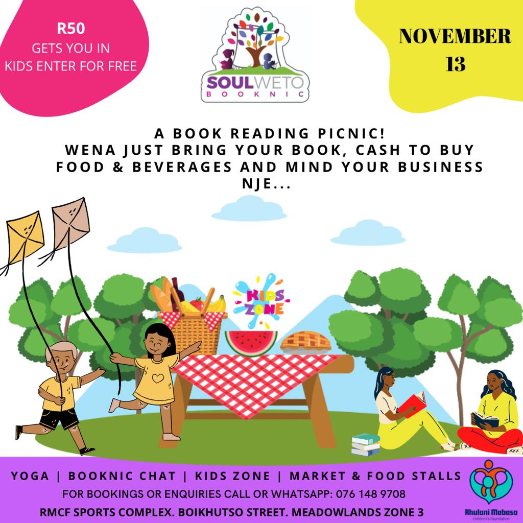 Save the date: Sunday | 13 Nov | <a href="/SBooknic/">Soulweto Booknic 📕🌤🌴🍹</a> at the RMCF Sports Grounds Zone 3 Meadowlands from 10h00 to 16h00. Are you joining us for a yoga session under the African skies?