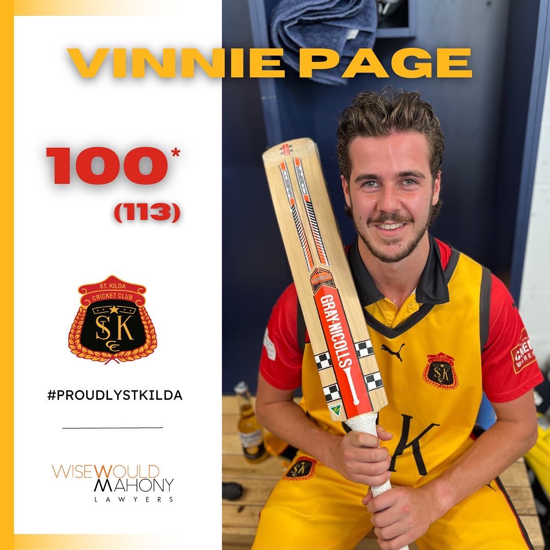 StKildaCricket's tweet image. The long awaited start to the season was worth it! Vinnie Page was all class as he cruised to his maiden St Kilda century by hitting the winning runs for the 4th XI against Melbourne. Brilliant knock Vin! #ProudlyStKilda