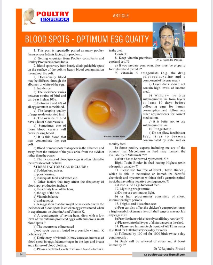 1. Please find article written by me on “ Blood Spots- Optimum Egg Quality :  
A practical approach .” 
Published In 
“POULTRY EXPRESS “Magazine., September, 2022.

2. Manufacturers go to great lengths to ensure that eggs with blood spots aren’t sold to consumers. https://t.co/AIR1WYMA7D