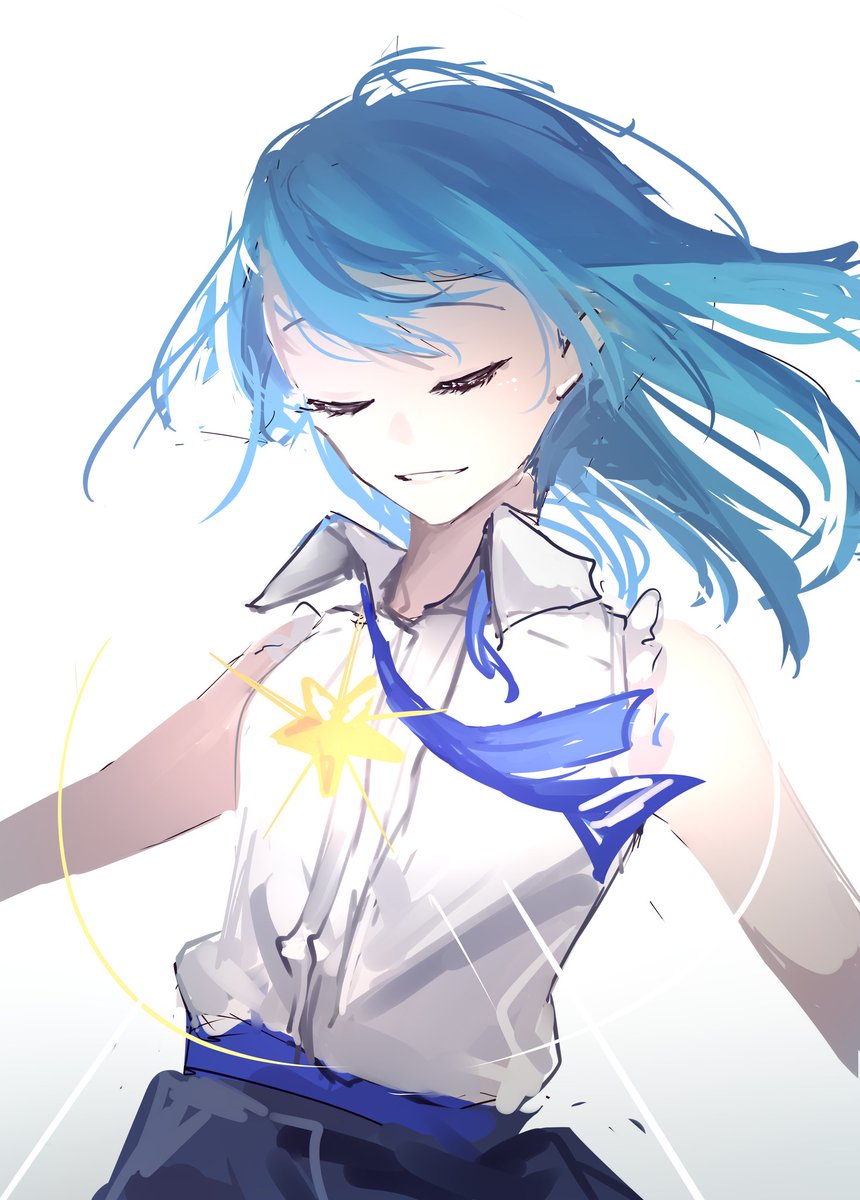 hoshimachi suisei 1girl solo closed eyes blue hair shirt white shirt sleeveless  illustration images