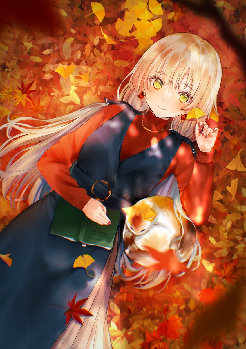 1girl autumn leaves long hair lying smile on back solo  illustration images
