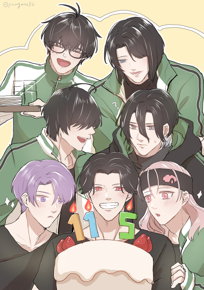 multiple boys food candle cake black hair jacket green jacket  illustration images