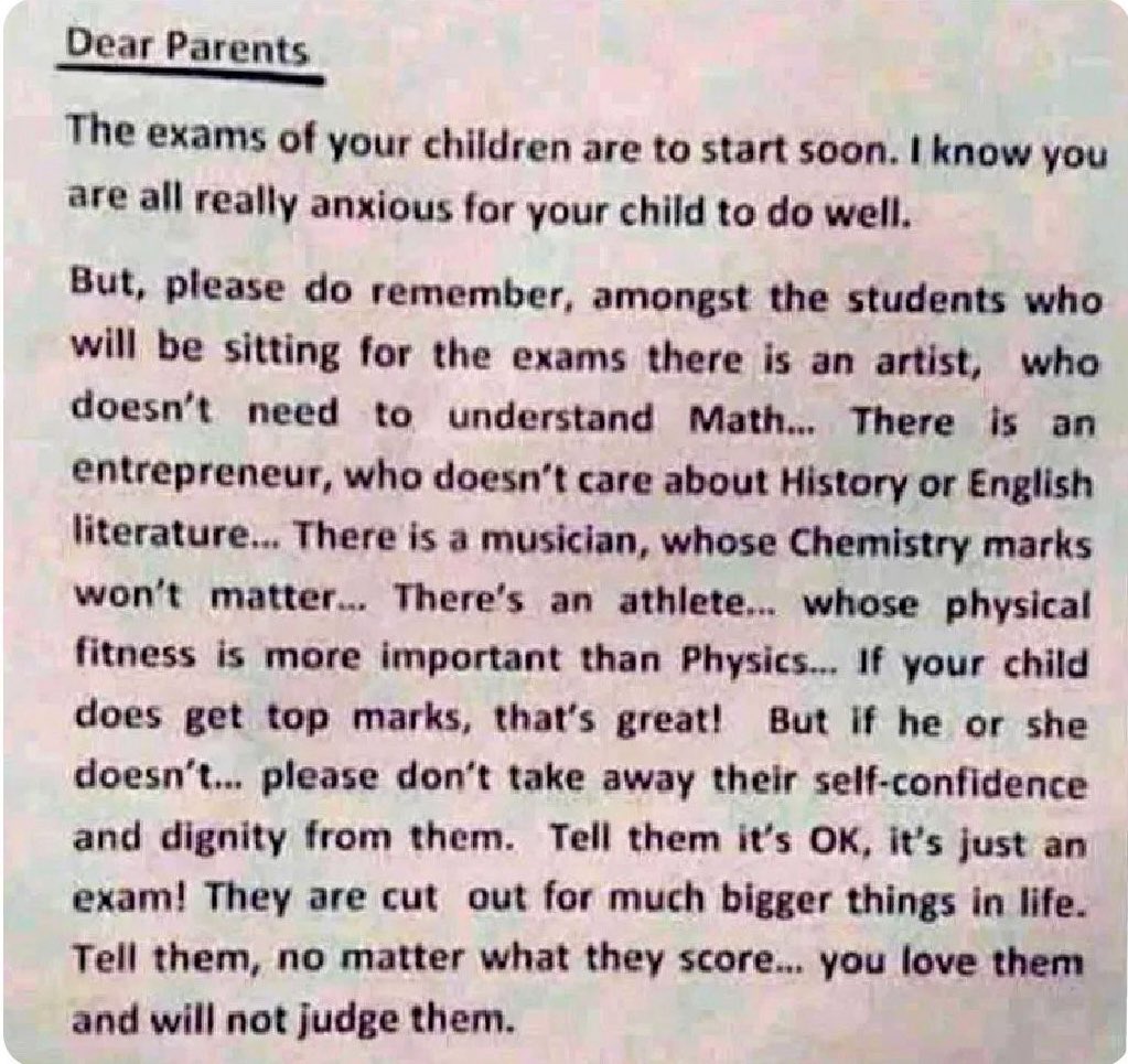 Letter sent by a school principal before exams