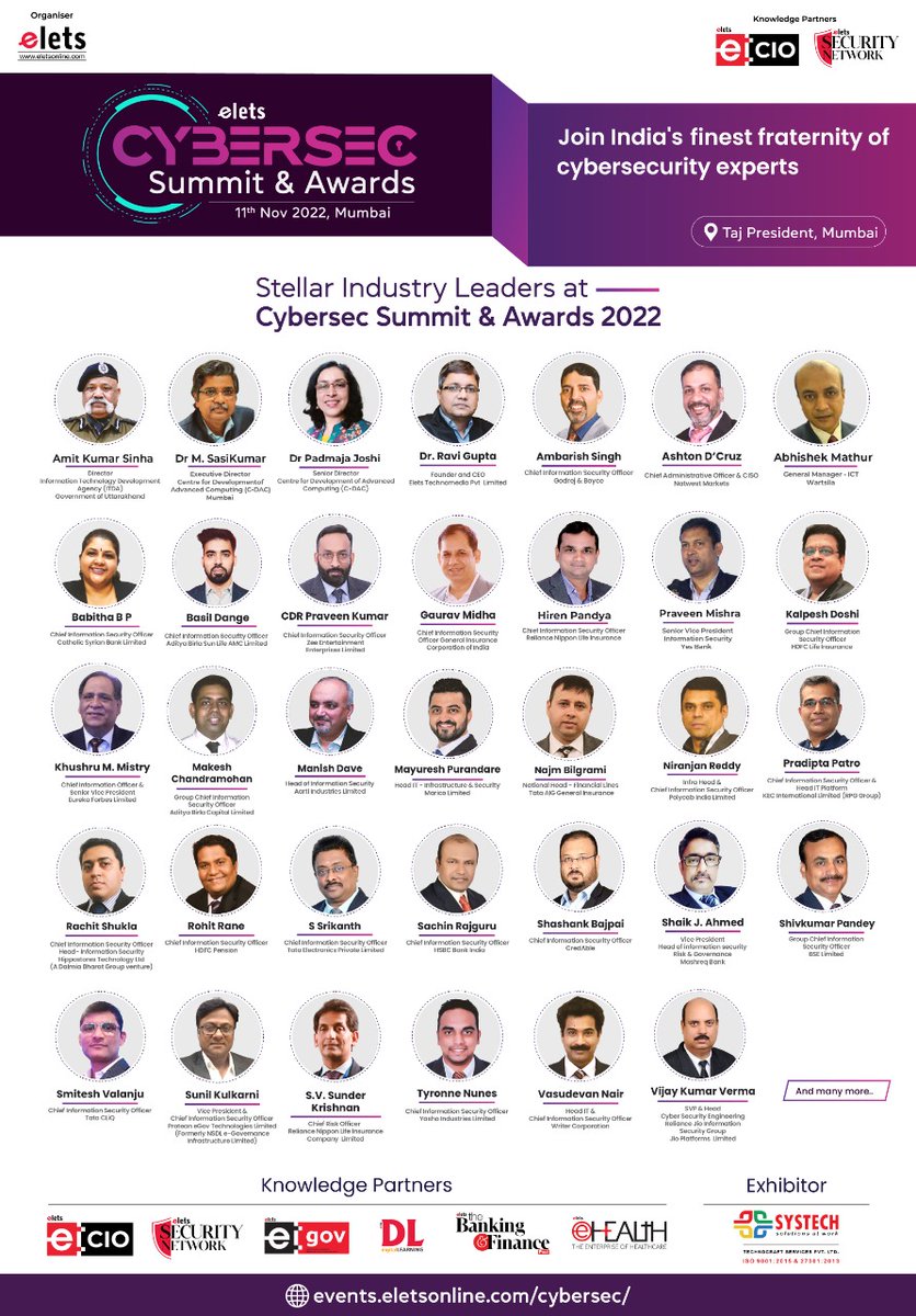 EletsCIO's tweet photo. Join India’s Prominent Security Experts as they discuss the strategies redefining the cybersecurity landscape at Elets Cybersec Summit & Awards.
Date: 11th Nov 2022
Venue: Taj President, Mumbai
Express your interest: https://t.co/dNTkqSH6pw
#EletsCybersec https://t.co/8XIyyggv2K