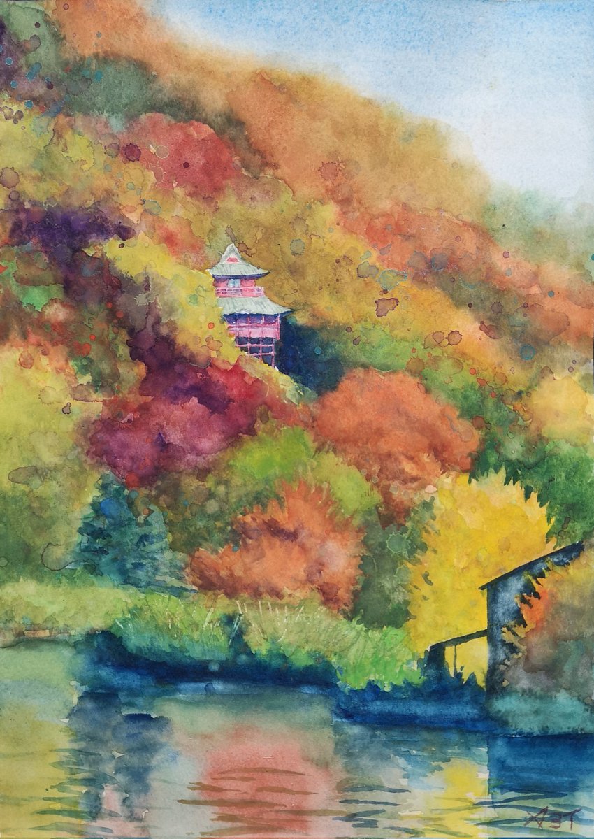 風景画　タイ　チエンマイ　お寺　水彩画　2枚もの　お寺　水彩画　SHO 水彩画 タイ お寺 SHO - メルカリ