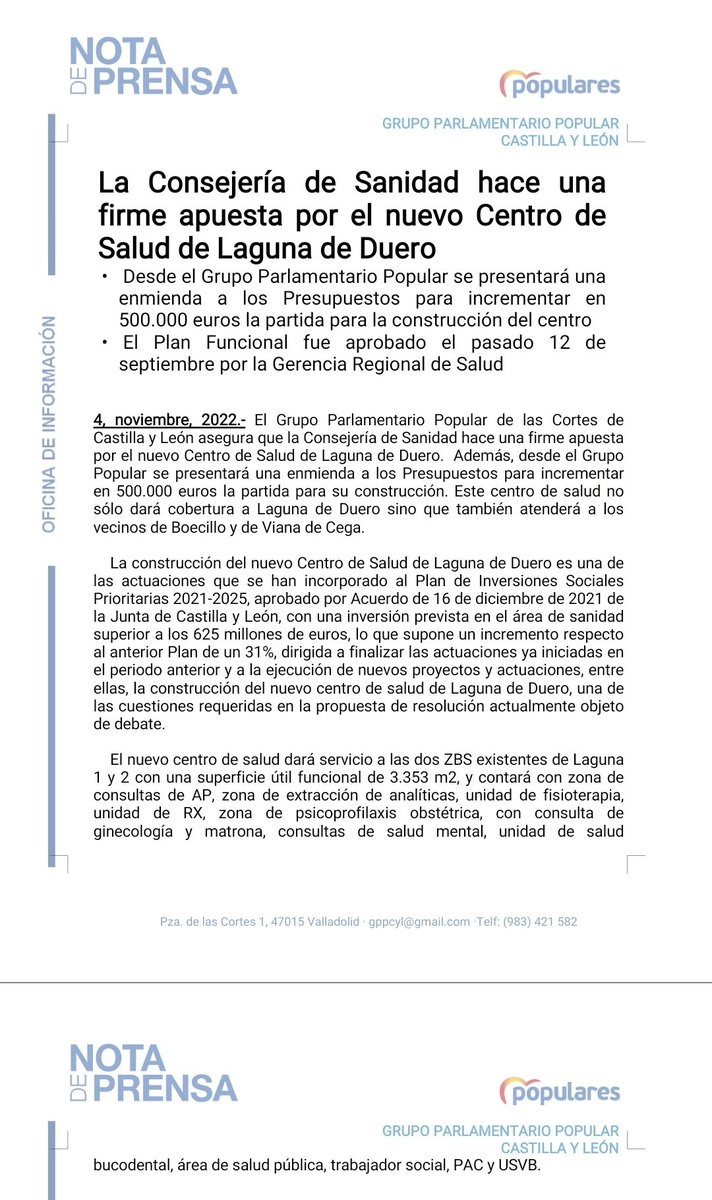La Consejería de Sanidad de la Junta de Castilla y León apuesta firmemente por construir el nuevo Centro de Salud de #LagunaDeDuero. Seguimos trabajando para mejorar nuestro municipio. 👉
