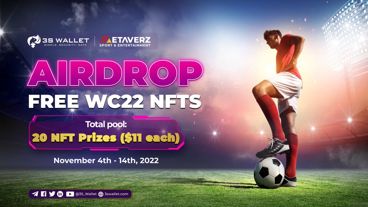 3S_Wallet's tweet photo. #METAVERZ SPORT X #3SWALLET: FREE #WC22 NFT #AIRDROP 🔥
⏰ 4/11 - 14/11/2022 (GMT+7)
🎁 20 prizes, 1 WC22 #NFT Mystery Box ($11) per prize
🏆 Unlock the #WC22 NFT Mystery Boxes for a chance to win prizes totaling up to $4,000,000! https://t.co/QaJwthi2wa