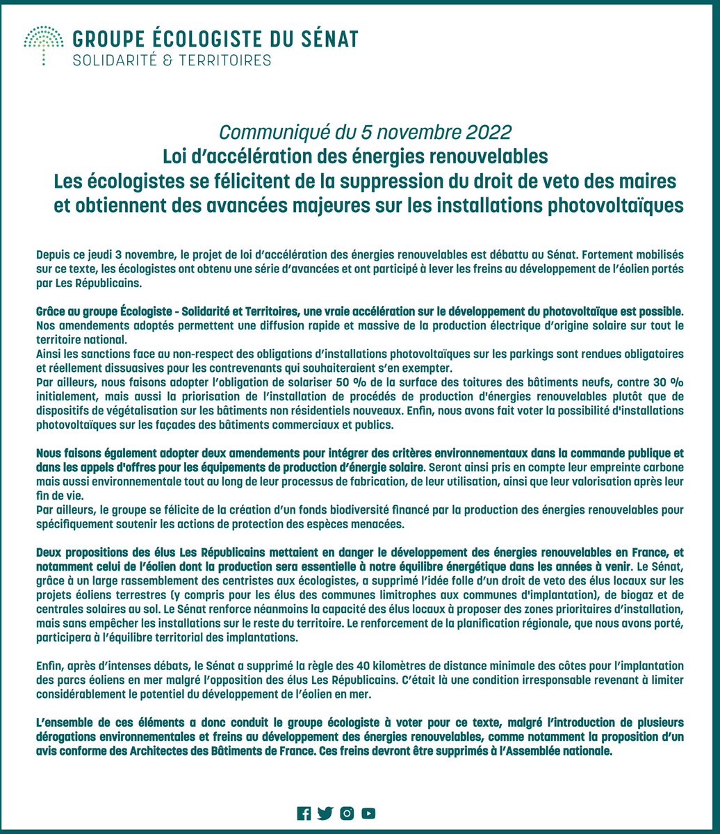 ecologistesenat's tweet photo. ⚡️Loi d’accélération des énergies renouvelables : les écologistes obtiennent des avancées majeures au Sénat !
✅Accélération des installations photovoltaïques, création d’un fonds pour la biodiversité, suppression du droit de veto des maires…
Notre communiqué ⤵️ https://t.co/zKghXOKd8a