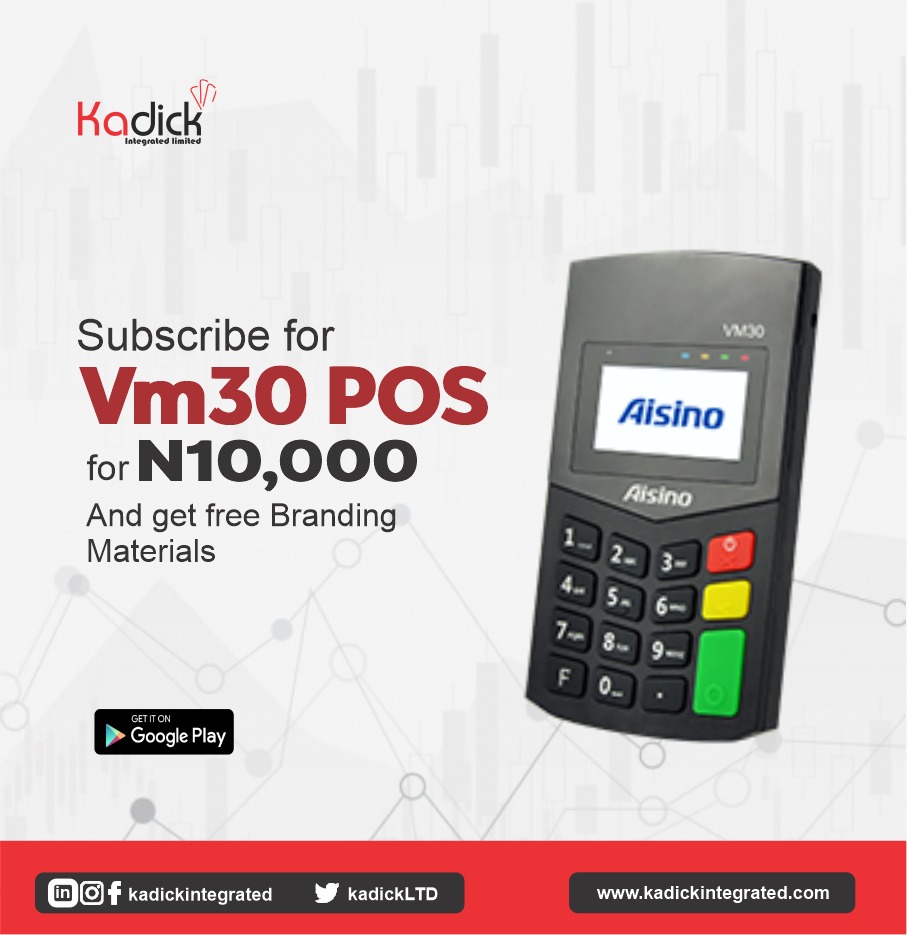 Here is the Process  on how to become a KADICK Agent-

👇
 
1. You Register on the kadickmoni app with your valid I.D
2. You pay a one-off subscription/maintenance of Device fee

N10,000 (VM30 POS)

3. You will  also be required to send the following details