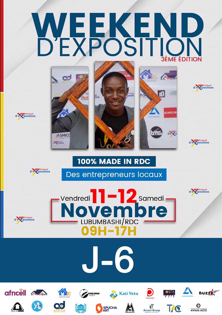 Bienvenue au Weekend D'exposition 3. Adresse/WORKSPACE 2 : Prendre le transport de CRAA, descendez sur l'arrêt Tshombe, Rond Point Mazembe, en face de l'école Bustani ya elimu 
J-7
🔥🔥🔥
