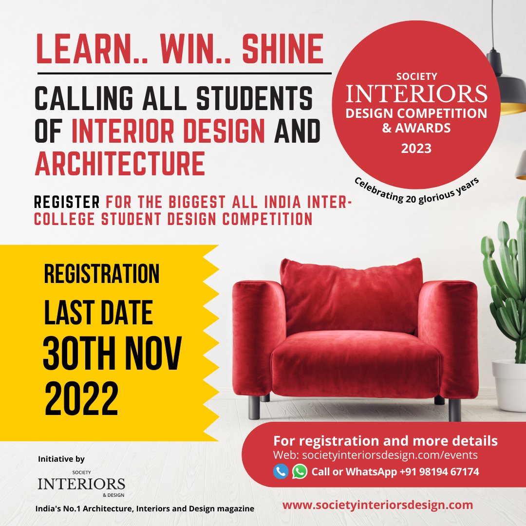 Listen up future #architects and #Interior designers. India's biggest Interior Design & Architecture #competition is back. We have extended the dates of registration to 30th November pertaining to popular demand. So what are you waiting for? REGISTER NOW! societyinteriorsdesign.com/events/