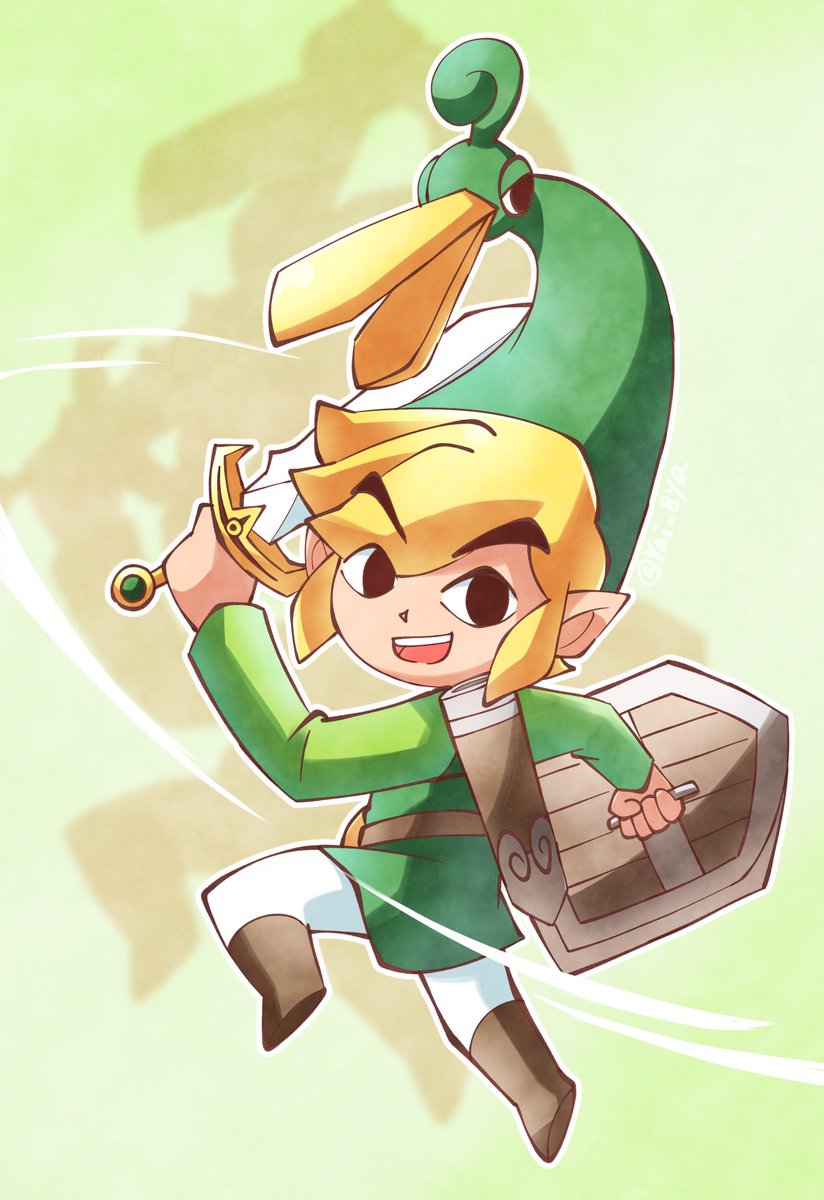 link ,toon link shield 1boy weapon sword blonde hair male focus holding weapon  illustration images