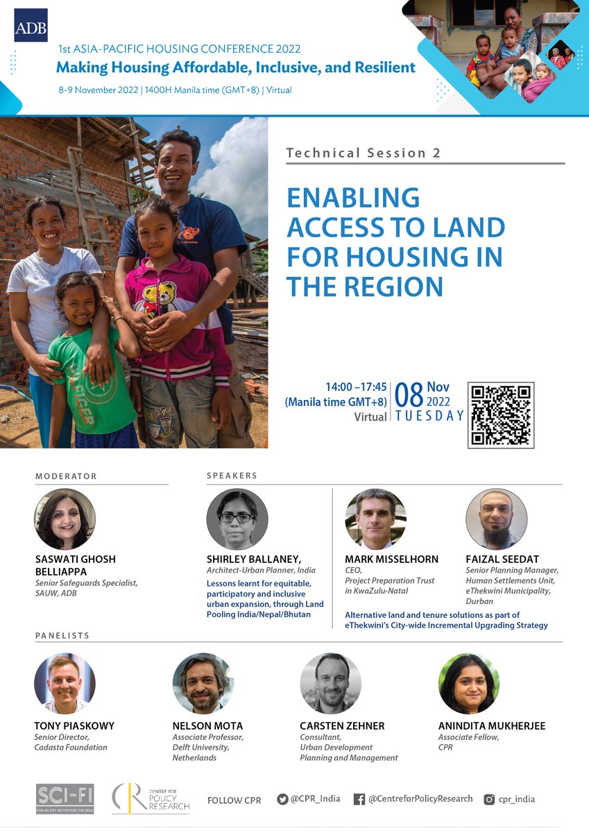 CPR SCI-FI (@cpr_scifi) on Twitter photo One day to go for <a href="/ADB_HQ/">Asian Development Bank</a>’s 1st Asia-Pacific Housing Conference 2022!
World experts will showcase learnings on ‘Enabling access to land for housing in the region’ in technical session 2 of #AHC 2022 on 8 November, 2022, 2 pm IST.
Join us by registering: bit.ly/3NxmndA One day to go for <a href="/ADB_HQ/">Asian Development Bank</a>’s 1st Asia-Pacific Housing Conference 2022!
World experts will showcase learnings on ‘Enabling access to land for housing in the region’ in technical session 2 of #AHC 2022 on 8 November, 2022, 2 pm IST.
Join us by registering: bit.ly/3NxmndA