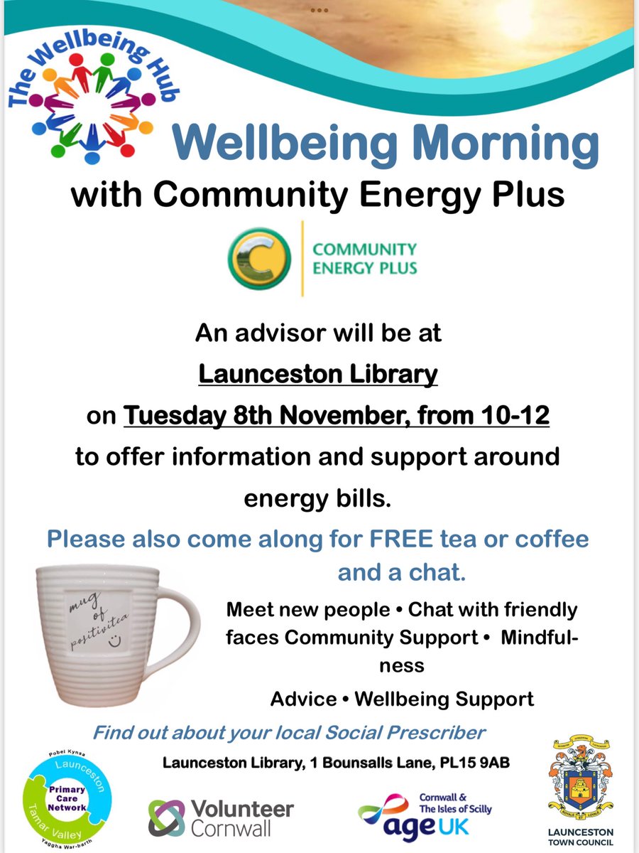 Launceston Library (@laulibrary) on Twitter photo Tuesday 8 Nov- 10-12 at Launceston Library.
Great Chance to grab a coffee, have a chat and get some help and advice from Community Energy Plus .
Find out what support you can get towards rising living costs. <a href="/age_uk/">Age UK</a> @volunteercornwall @volcornwall <a href="/CEPCornwall/">CommunityEnergyPlus</a> Tuesday 8 Nov- 10-12 at Launceston Library.
Great Chance to grab a coffee, have a chat and get some help and advice from Community Energy Plus .
Find out what support you can get towards rising living costs. <a href="/age_uk/">Age UK</a> @volunteercornwall @volcornwall <a href="/CEPCornwall/">CommunityEnergyPlus</a>