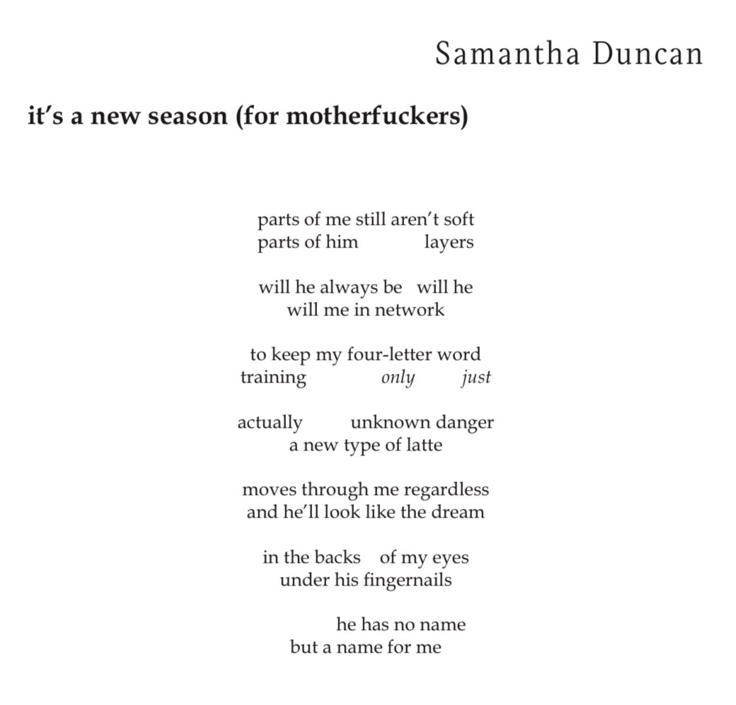 <a href="/SamSpitsHotFire/">Samantha Duncan</a>’s “mood poem” that provided the theme for the issue #alicesaysgofu