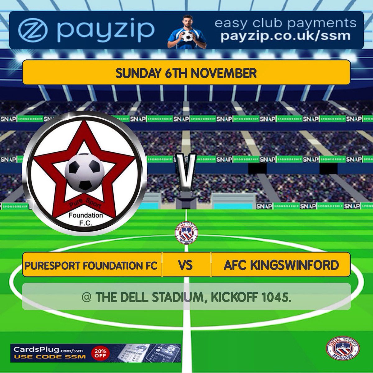 Tomorrows game see’s us playing at Home to AFC Kingswinford, who have started the league campaign very strongly. 

After last week’s disappointing result, Puresport are looking to getting back to winning ways. 

Kickoff is 1045 @ The Dell Stadium.

🔴⚫️🔴⚫️UP THE PURE🔴⚫️🔴⚫️