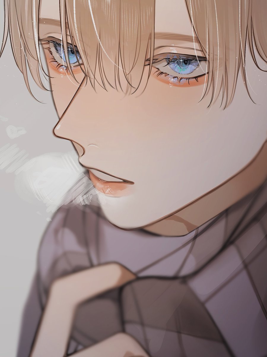 1boy blue eyes male focus solo blonde hair breath parted lips  illustration images