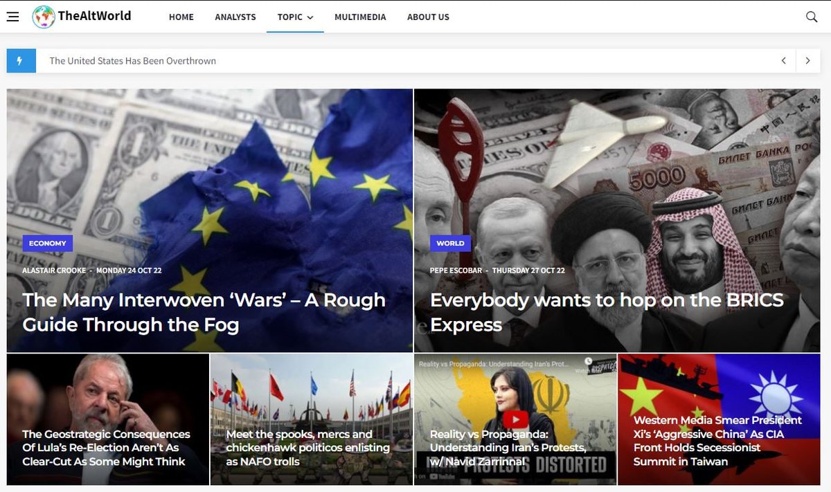 <a href="/_whitneywebb/">Whitney Webb</a> <a href="/AlanRMacLeod/">Alan MacLeod</a> <a href="/caitoz/">Caitlin Johnstone</a> <a href="/abdelbariatwan/">عبد الباري عطوان</a> <a href="/AKorybko/">Andrew Korybko, PhD</a> <a href="/philipgiraldi/">Philip Giraldi</a> <a href="/timand2037/">tim anderson</a> <a href="/Jonathan_K_Cook/">Jonathan Cook</a> <a href="/ChelomvVek/">Leonid Savin</a> <a href="/Marwa__Osman/">Marwa Osman || مروة عثمان</a> <a href="/MarcoCarnelos/">Marco Carnelos</a> 💻 The Alternative World website's TOP articles- 2022.11.01
#TheAltWorld

Alastair Crooke
Pepe Escobar
<a href="/AKorybko/">Andrew Korybko, PhD</a>  
<a href="/RealAlexRubi/">Alex Rubinstein</a> 
<a href="/RaniaKhalek/">Rania Khalek</a>  
Finian Cunningham

thealtworld.com
