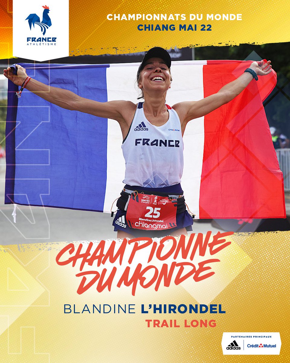 FFAthletisme's tweet image. 🥇 𝗖𝗛𝗔𝗠𝗣𝗜𝗢𝗡𝗡𝗘 𝗗𝗨 𝗠𝗢𝗡𝗗𝗘 !

🇫🇷 Blandine L’hirondel remporte le trail long et décroche la médaille d’or à Chiang Maï, en Thaïlande !

👏 Les Bleues montent sur la plus haute marche du podium par équipes !