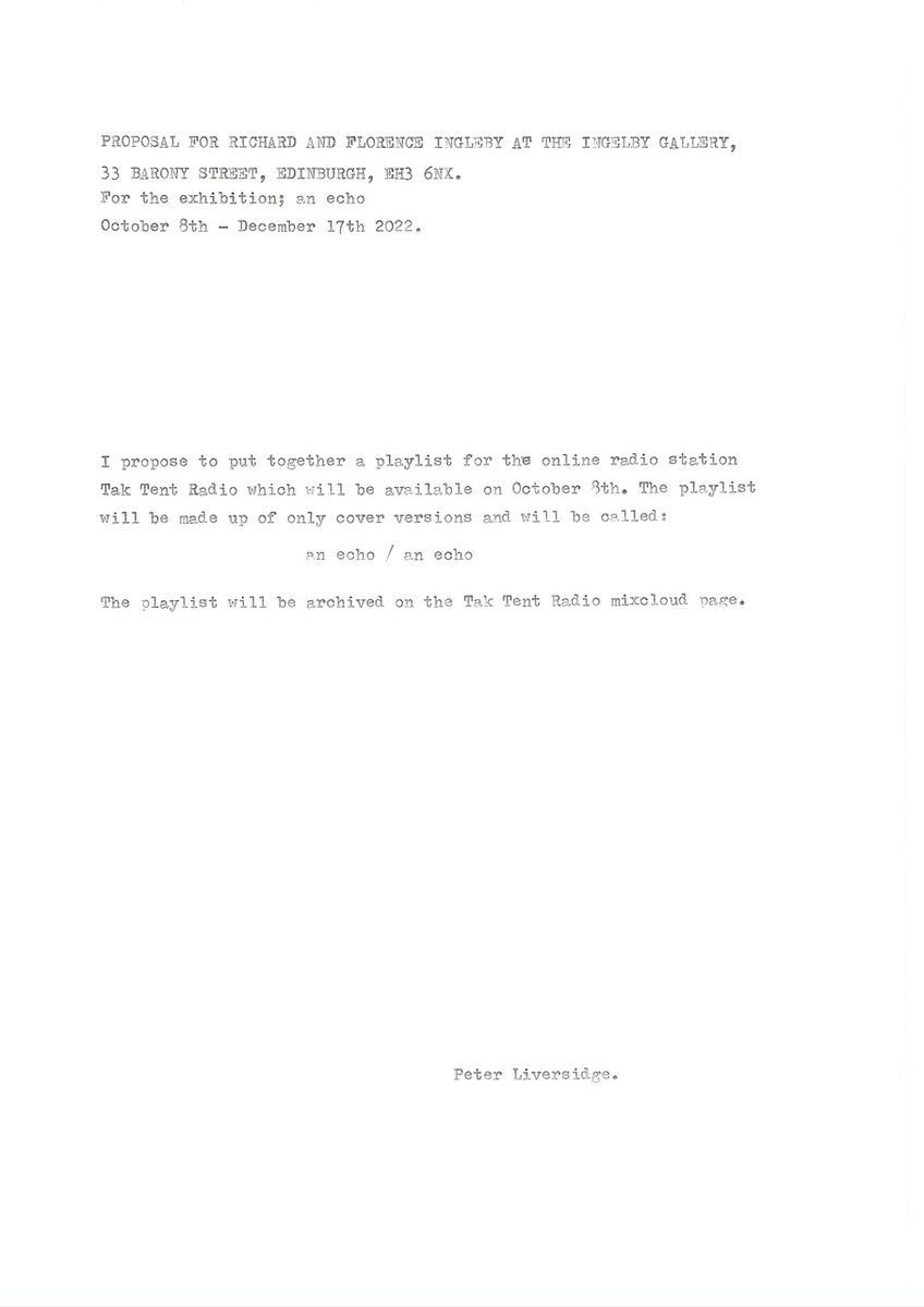 an echo / an echo is a 7 hour 11 minute 51 second playlist by @peterliversidge feat only cover versions. Plays today @InglebyGallery. 11am - 5pm. taktentradio.com/peter-liversid… @davidpajo @lowtheband @Justinjhibbs @Beathhigh @bennihhhh @benlonks @PeterFoolen @_stranger_than