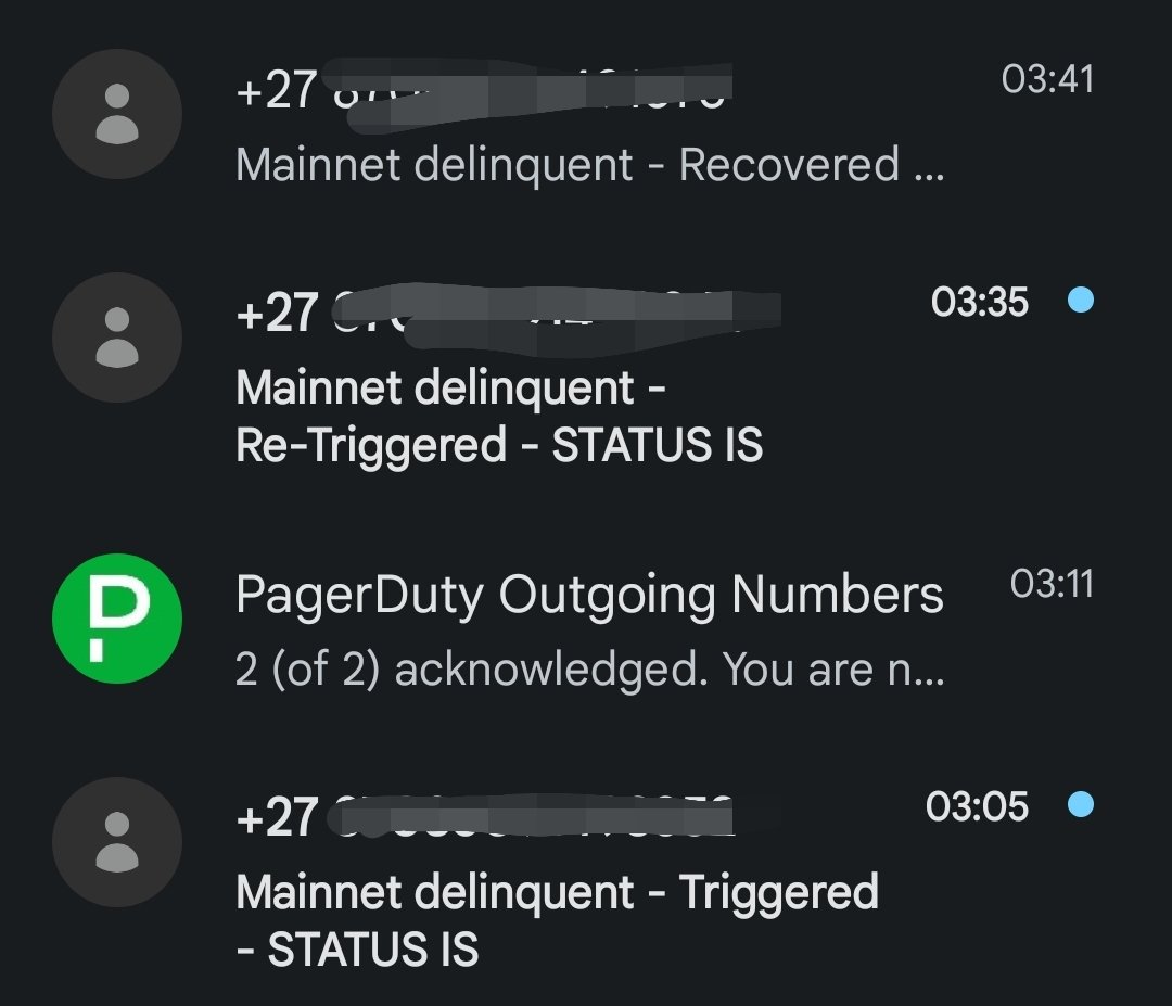laine_sa_'s tweet photo. Currently in Lisbon and at 3am our Mainnet validator had a fault after a network interruption, after some investigation and restoring connectivity everything was back online in 37 minutes. 

Once again a reminder of the importance of alerting. This is how my phone blew up https://t.co/9Swg9ea6u7