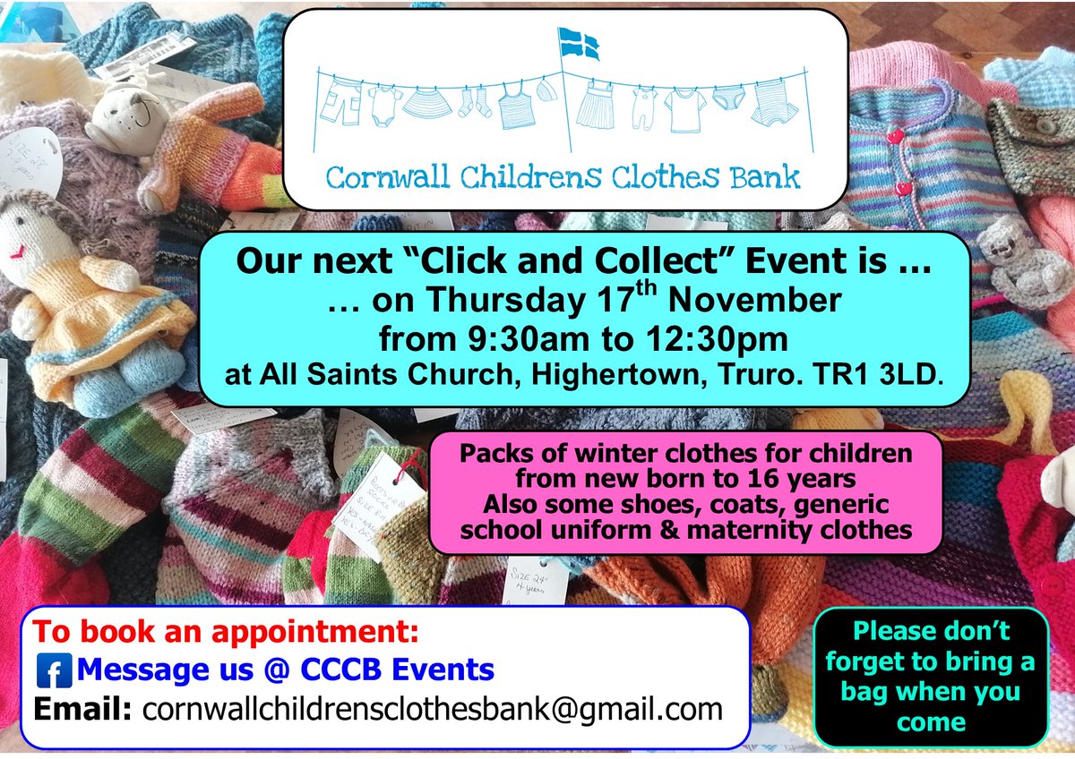 CornwallCCB's tweet photo. Good news!
Open again Thursday 17 November 9:30am to 12:30pm
At All Saints Church, Highertown, Truro. TR1 3LD
Click &amp; collect only
Email cornwallchildrensclothesbank@gmail.com to book an appointment
Packs of winter clothes for children from newborn to 16 years
And much more... https://t.co/e4hFORsbHq