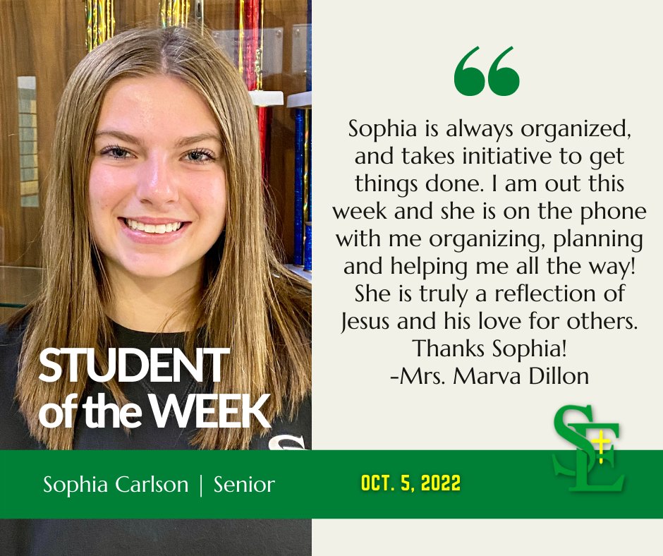 SEGaels's tweet photo. Student of the Week | Sophia Carlson
Nominated by Mrs. Marva Dillon
.
.
.
#studentoftheweek #organized #initiatiive #reflectionofjesus #loveforothers https://t.co/HAswEcsQID