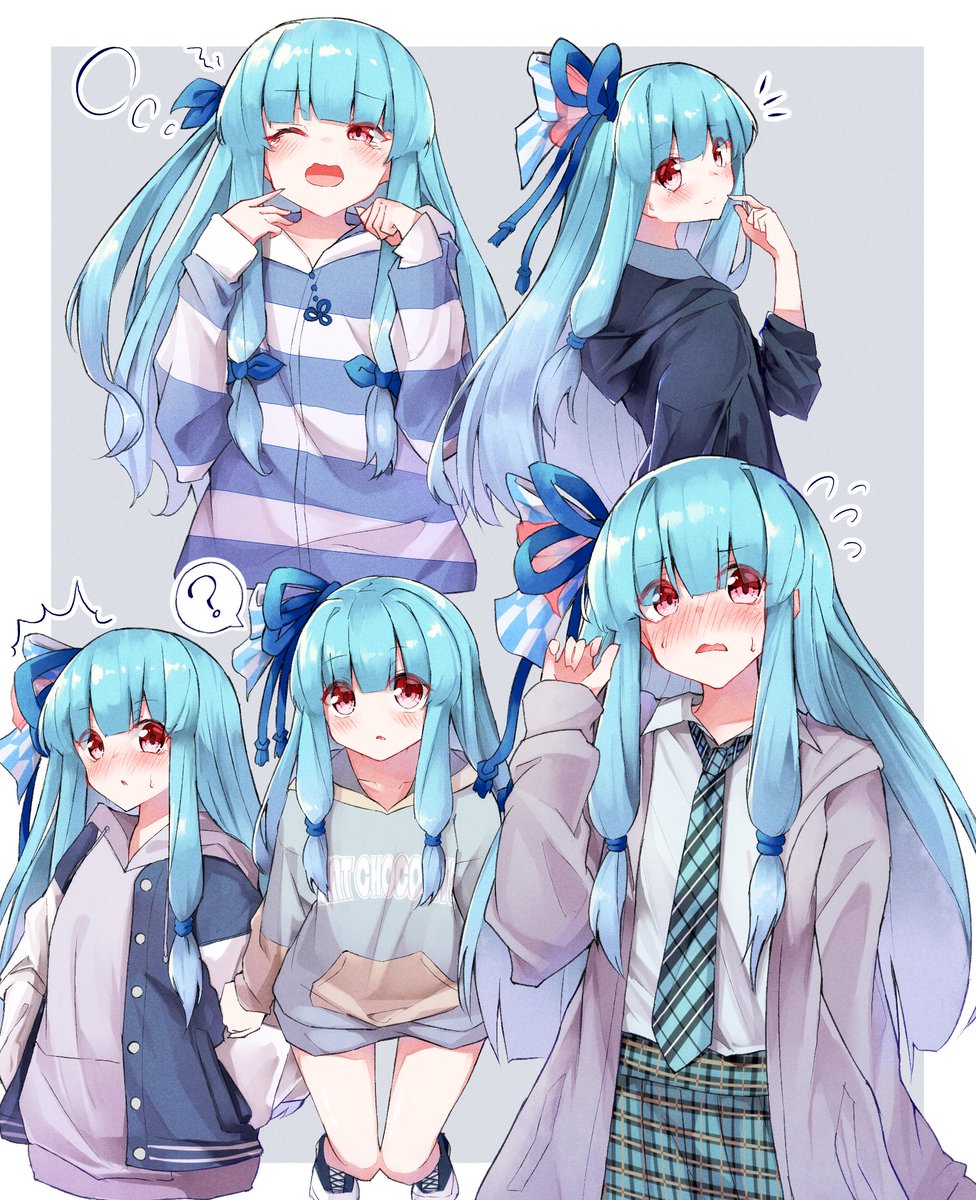 kotonoha aoi 1girl hood long hair ? blue hair hoodie necktie  illustration images