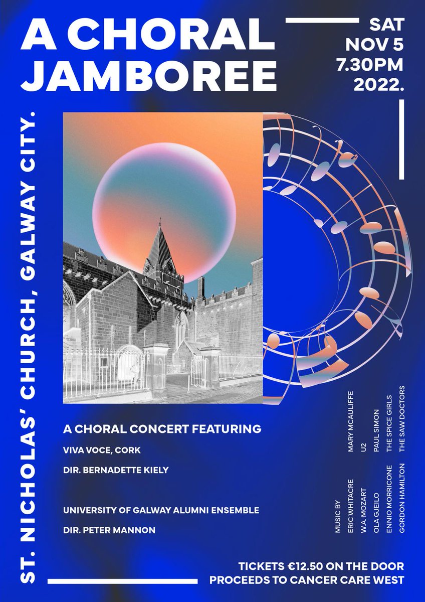 Concert tonight! Viva Voce and University of Galway Alumni Ensemble join together to present this night of choral delights. Enjoy music by Eric Whitacre, W.A. Mozart, Ola Gjelio, U2 and so much more. Tickets are 12.50 euro on the door and all proceeds go to Cancer Care West.