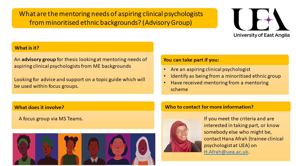 📢 Calling aspiring psychologists from minoritised ethnic backgrounds who have experienced mentoring from a mentoring scheme 📢 I would love your support in creating a topic guide for my thesis exploring the mentoring needs of aspiring psychologists (see flyer for more details)