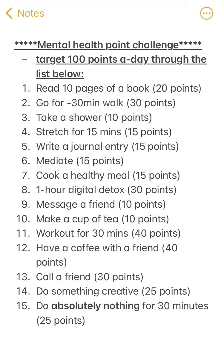 We’re into November and with that I’ve put a together this ‘minding your head’ challenge 🎖🎖 The target is 100 points a-day through different activities. Anything else you think could be added? 🤔 #Mindyourhead