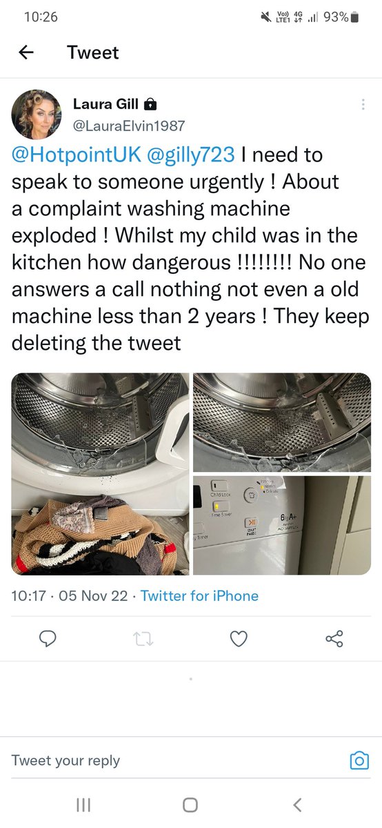 gilly723's tweet photo. Glass door exploding on hotpoint washing machine. Glass exploding outwards in huge pieces, how did that pass the manufacturers safety report mind 😳 https://t.co/gSFUkyuFgd