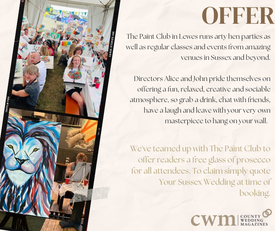 ✨ OFFER✨

We've teamed up with The Paint Club to offer readers a free glass of prosecco for all attendees. To claim simply quote Your Sussex Wedding at time of booking.

The closing date is Wednesday, 30 November 2022 so be quick not to miss out!

your-sussex.wedding/offers