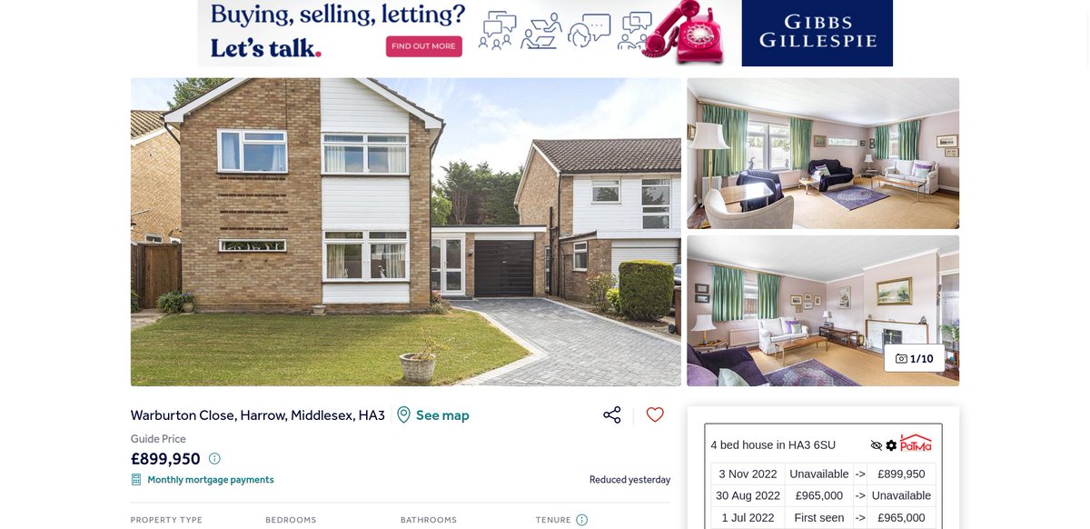 A lot of expensive properties falling through at the moment. The top-50 list yesterday were all (nearly) £900k or more. Here's the cheapest at position 50... bit.ly/3UpthUt