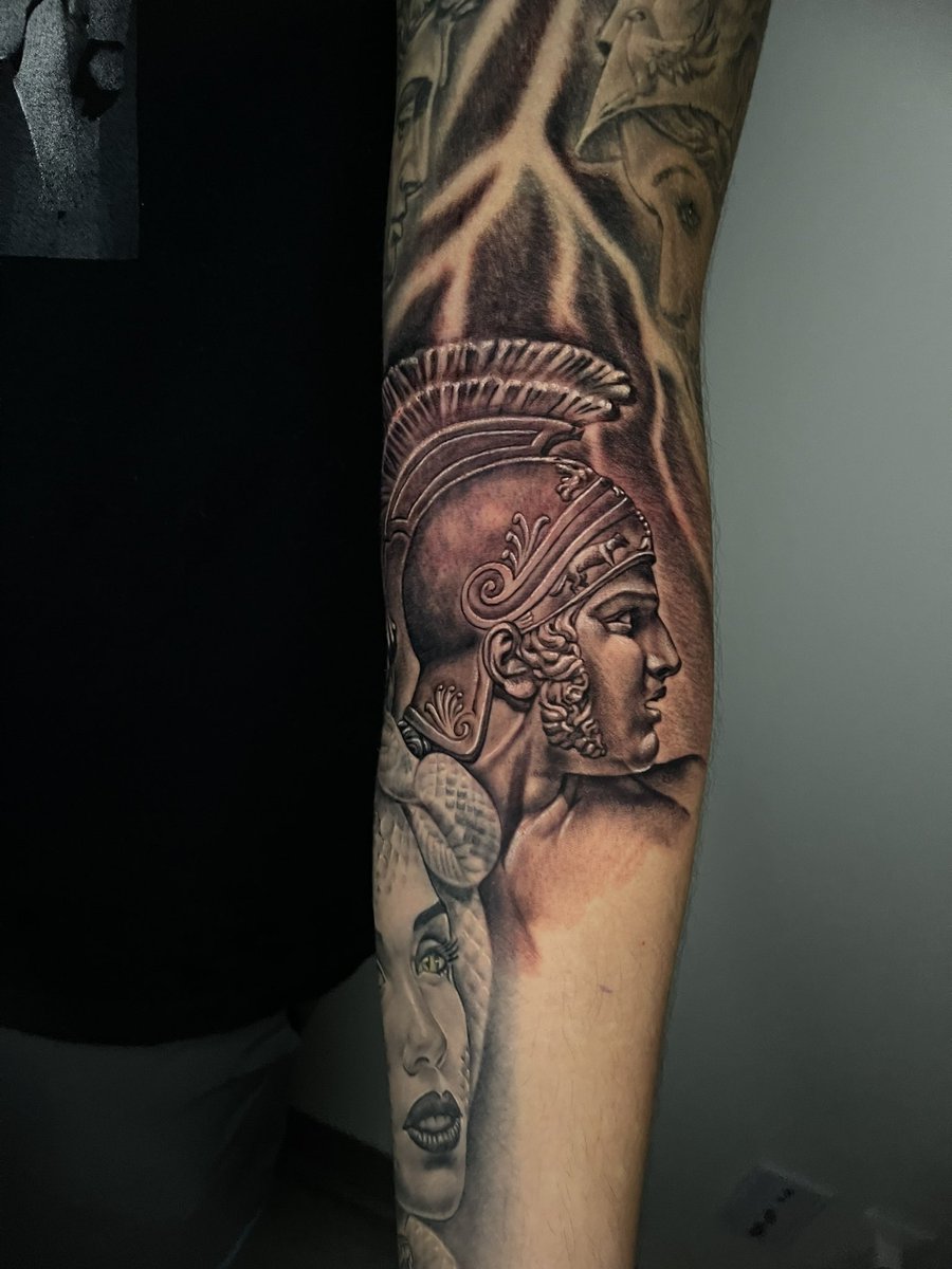 Shheeeeesh my arm is looking good! Can’t wait till it’s finished 🔥 #Greek #Athena #achilles #Medusa #Zeus #Perseus #ink #tattoo