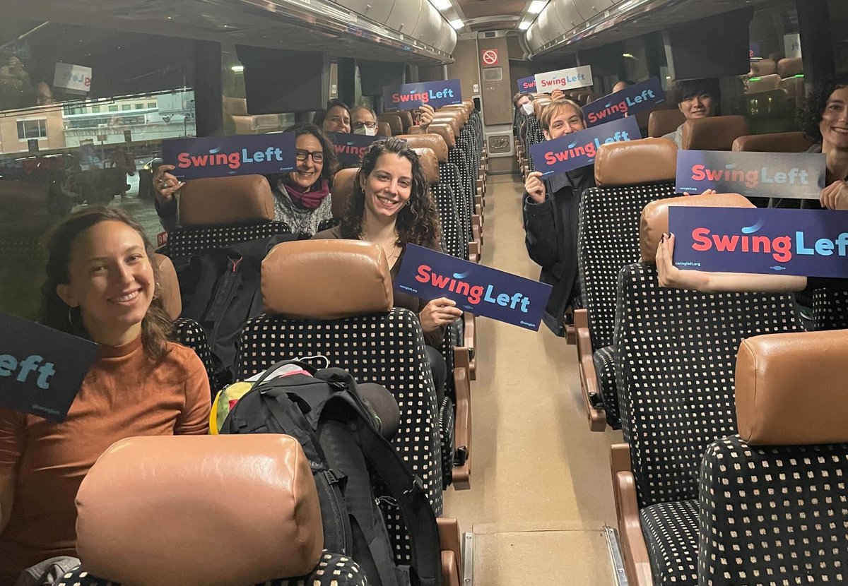 swingleft's tweet photo. Buses full of Swing Left volunteers are off to knock on doors in key districts across the country this morning! It’s not too late to reserve your seat on a bus to a Swing District near you tomorrow: https://t.co/sm8hhVcdj8 https://t.co/XSEJZfUh8C