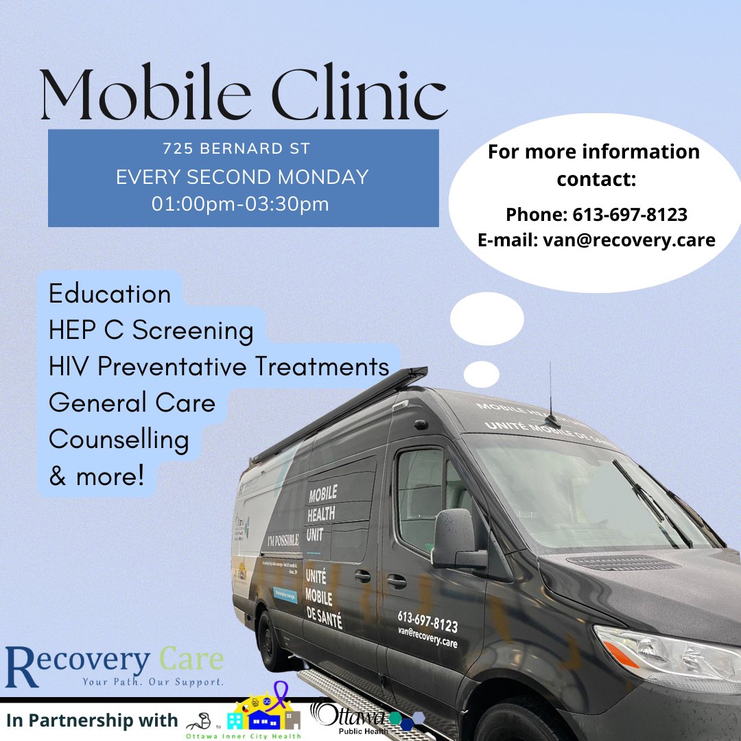 Did you know that our Ottawa Mobile Clinic has a new location? Every second Monday afternoon it can now be found at 725 Bernard St.

#harmreduction #harmreductionworks #recoverycare #ottawa #mentalhealthmatters #methalhealth #recovery #communityressources