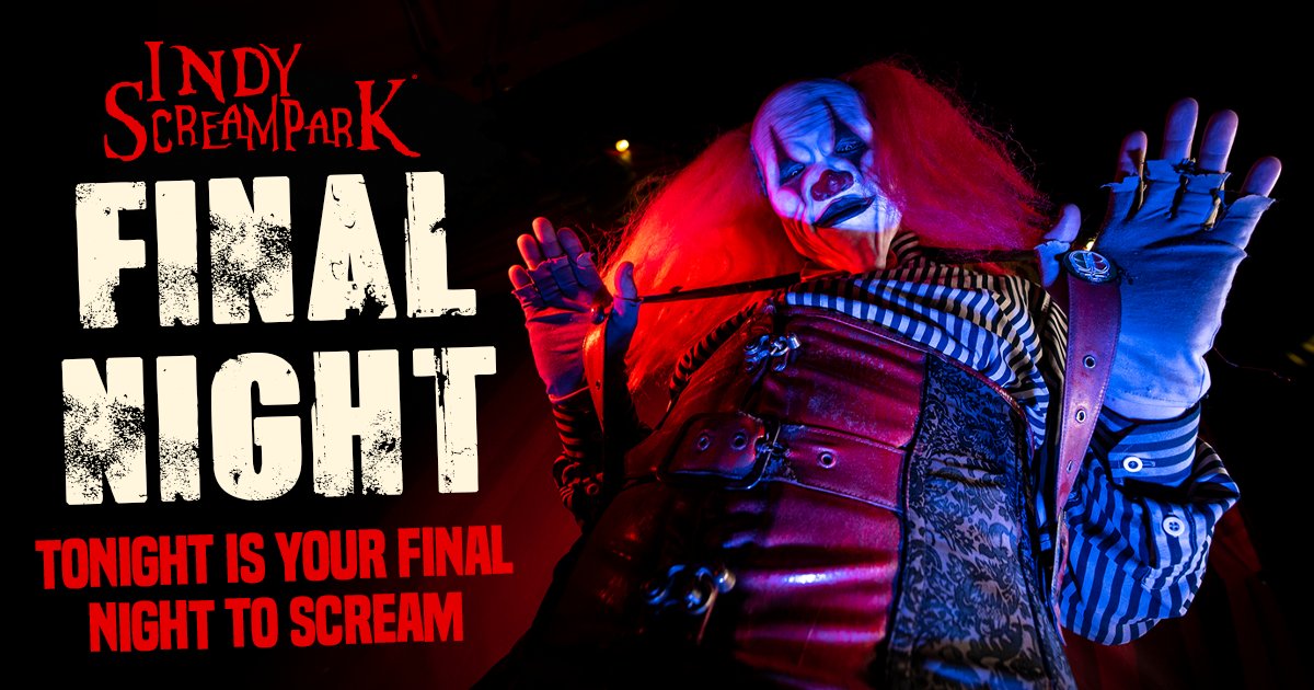 Tonight (11/05) is the final night to scream this season at Indy Scream Park 🤡

#IndyScreamPark  #Halloween #HauntedHouse #AndersonIN